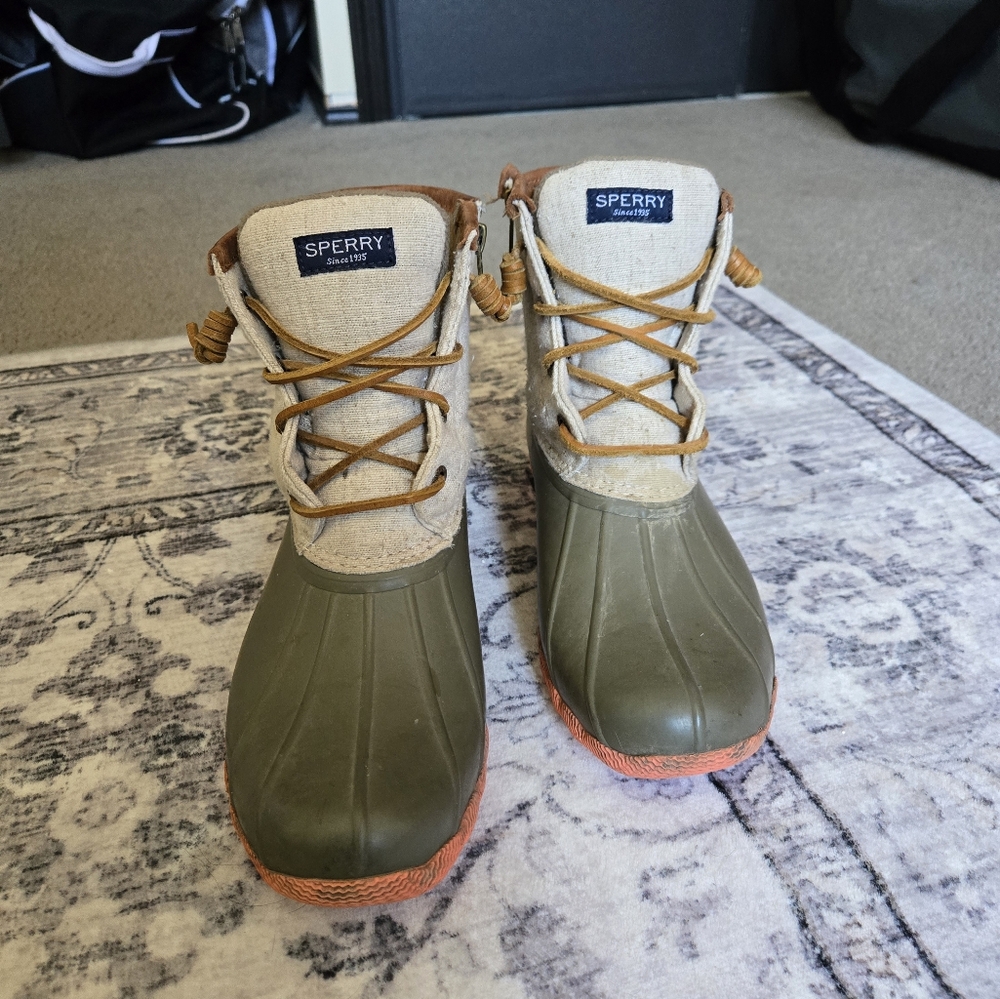 Sperry Olive and Tan Duck Rain Boots